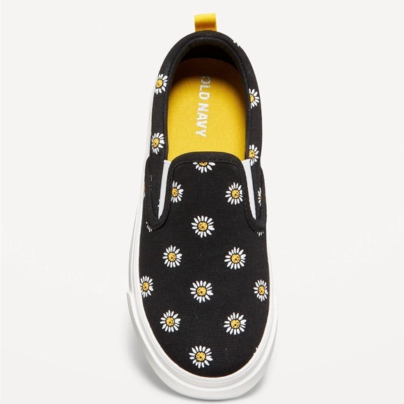 Kids Black Slip-On Canvas Shoes with Daisy Print - Picture 2 of 9